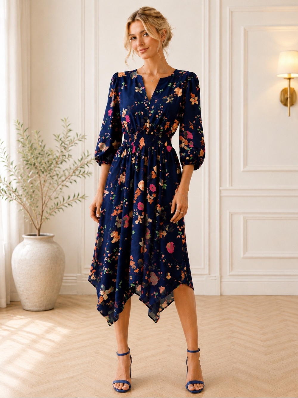 Eliza J Romantic Boho Chic Coquette Girl Feminine Hanky Hem Midi Dress, Size 16